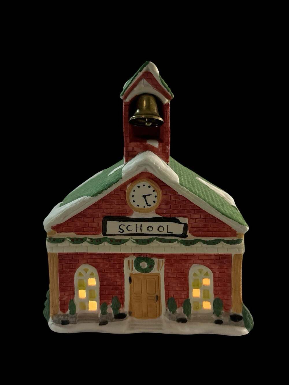 Vintage Christmas Village Schoolhouse Lighted Ceramic Building Bell Tower 8”